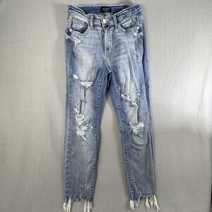 Judy Blue Boyfriend Jeans Size 7/28 High Rise Distressed Paint Splatter Blue Den